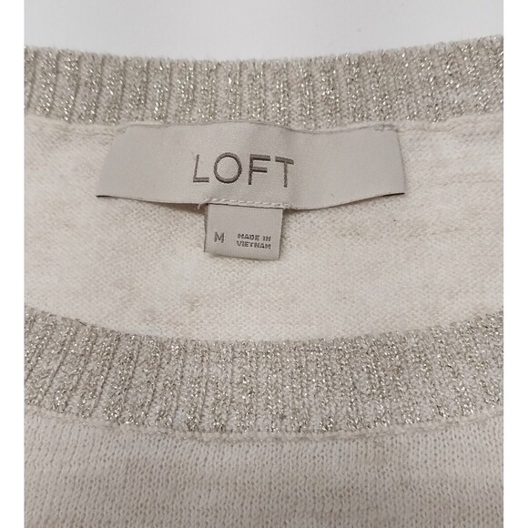Ann Taylor Loft Womens Medium Sweater Cream Oatmeal Silver Metallic Trim LightWt - Picture 3 of 12